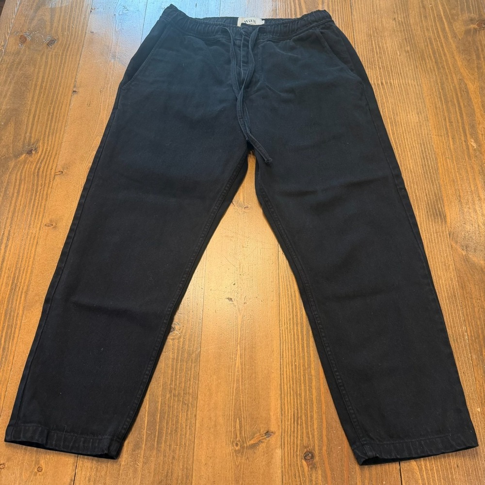 Wax London Kurt Twill Trousers Men's 32 Black Drawstring Tapered Organic Cotton